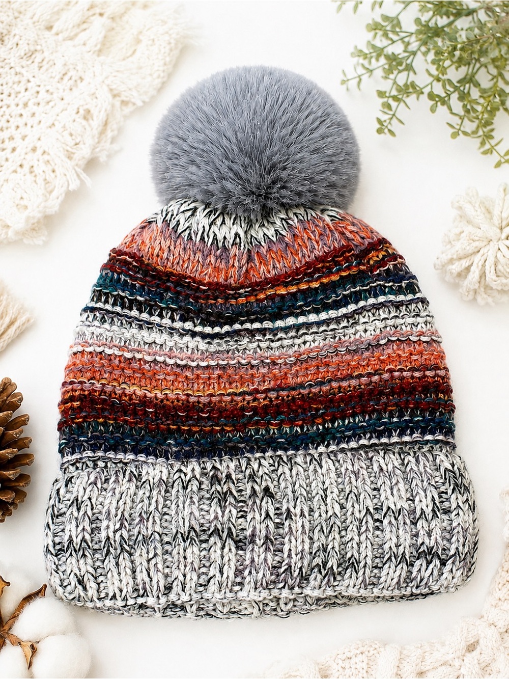 Earthbound Trading Striped Chunky Knit Beanie Pom O/S